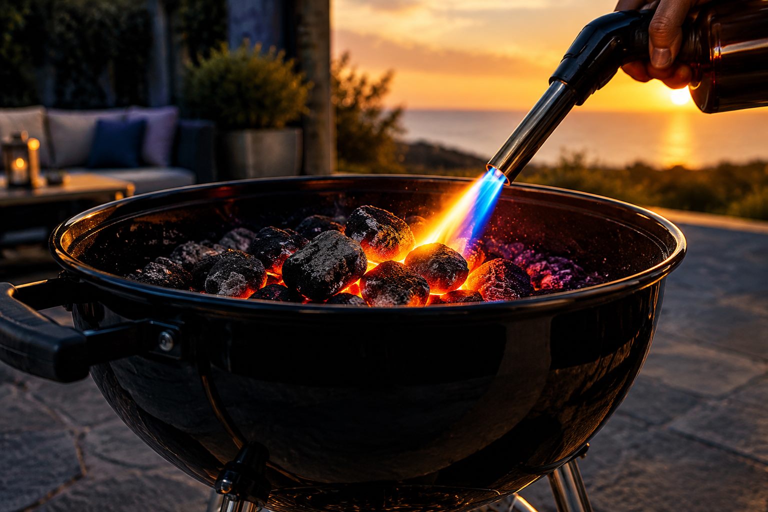Charcoal being lit with a butane torch on a barbecue grill