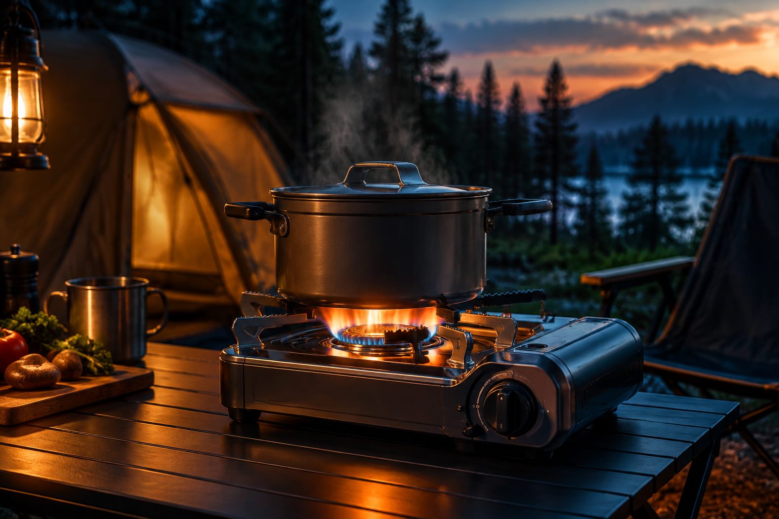 Portable five-star gas burner cooking at a campsite