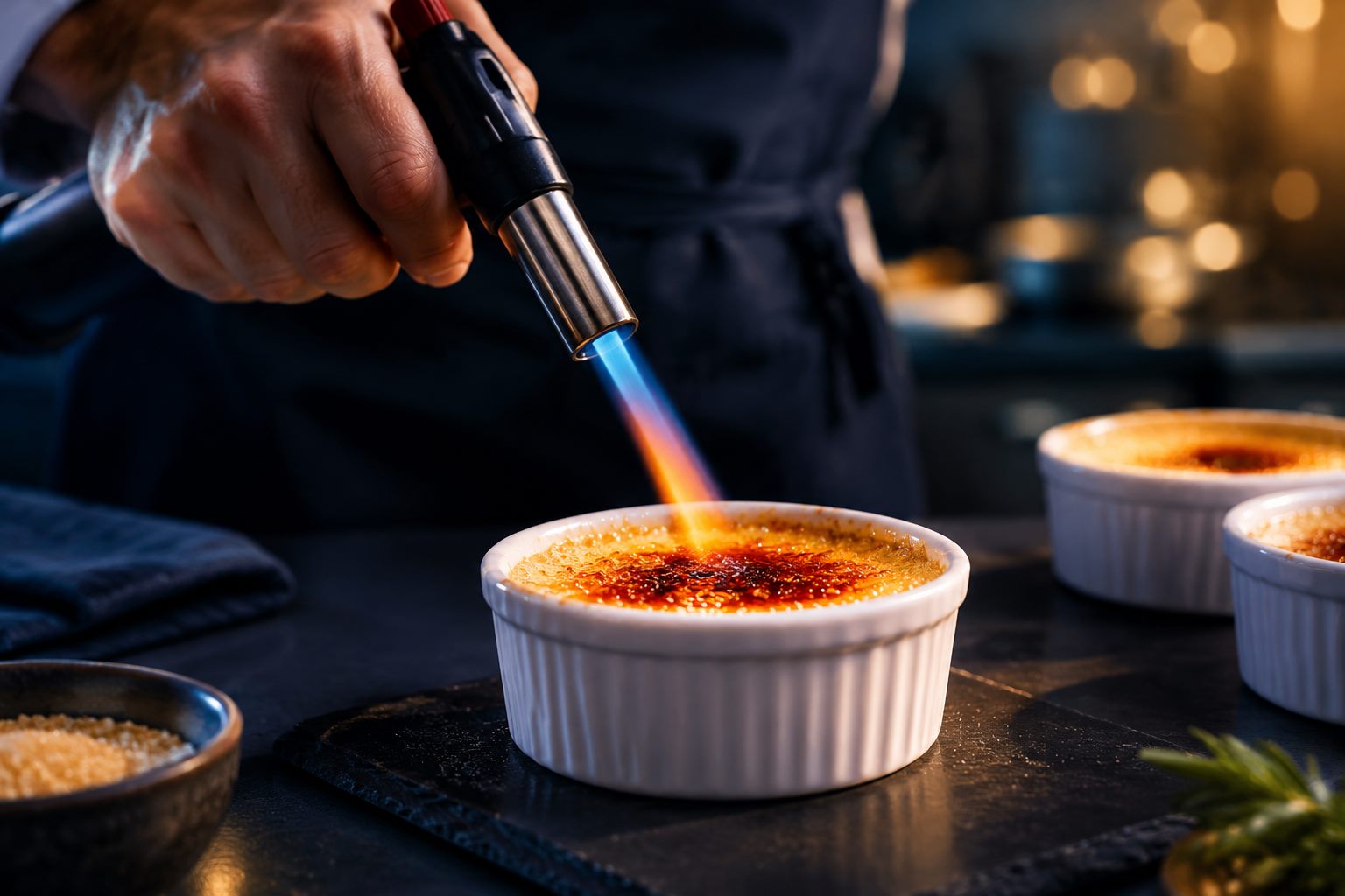 Culinary butane torch finishing a dish in a professional kitchen