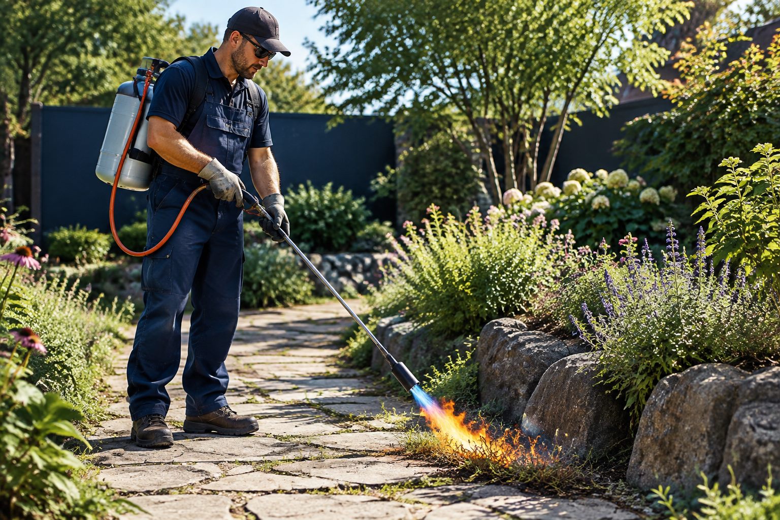 Thermal weed control along a gravel path with a long-reach torch